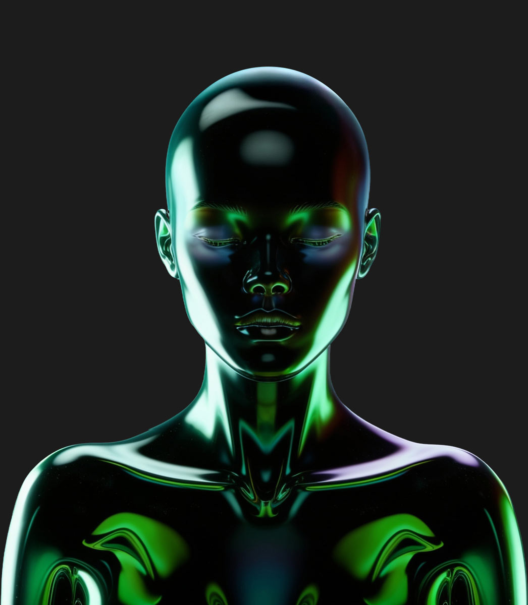 Chrome AI figure glowing in Clixtrix lime light