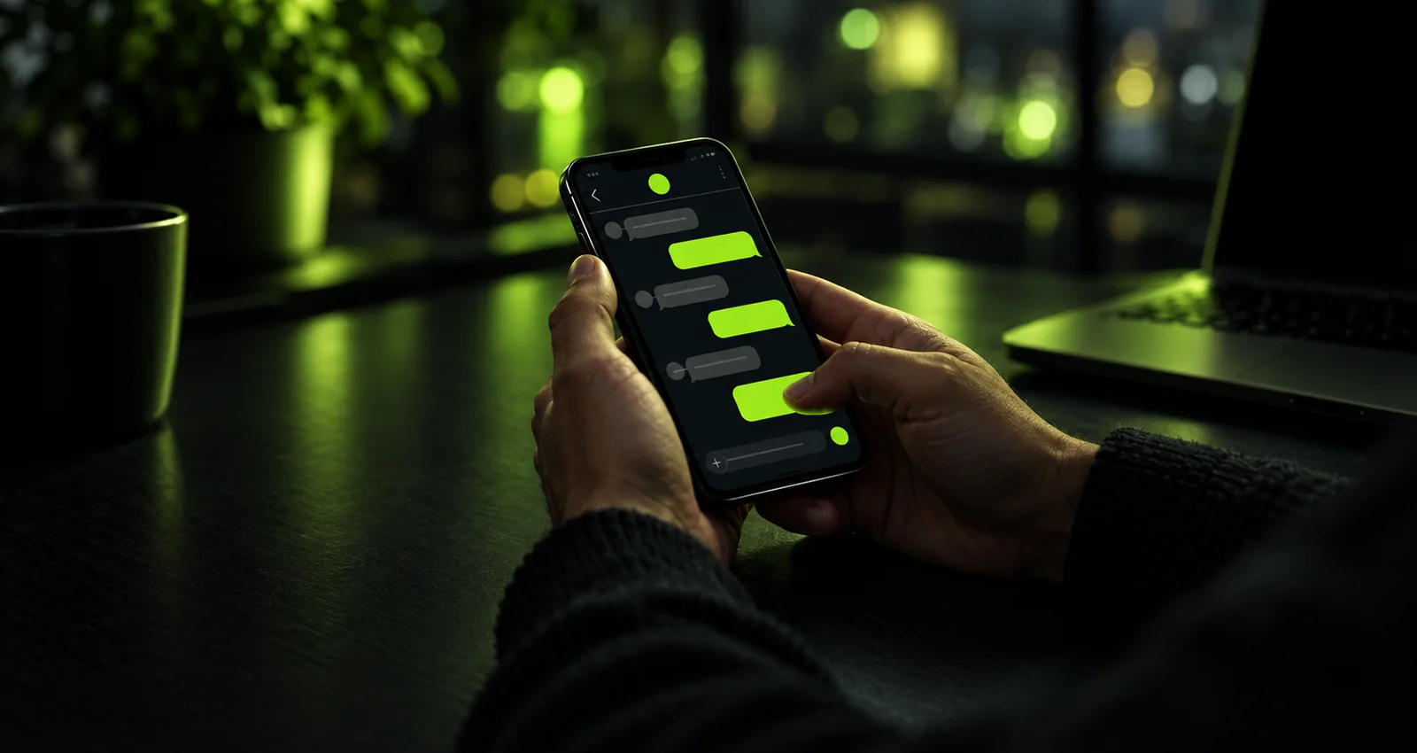 Hands holding a phone with lime message bubbles on a dark desk